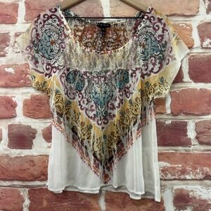 Vintage FANG Top Women's Large Boho Floral Abstract Lace Accent Sheer Shirt